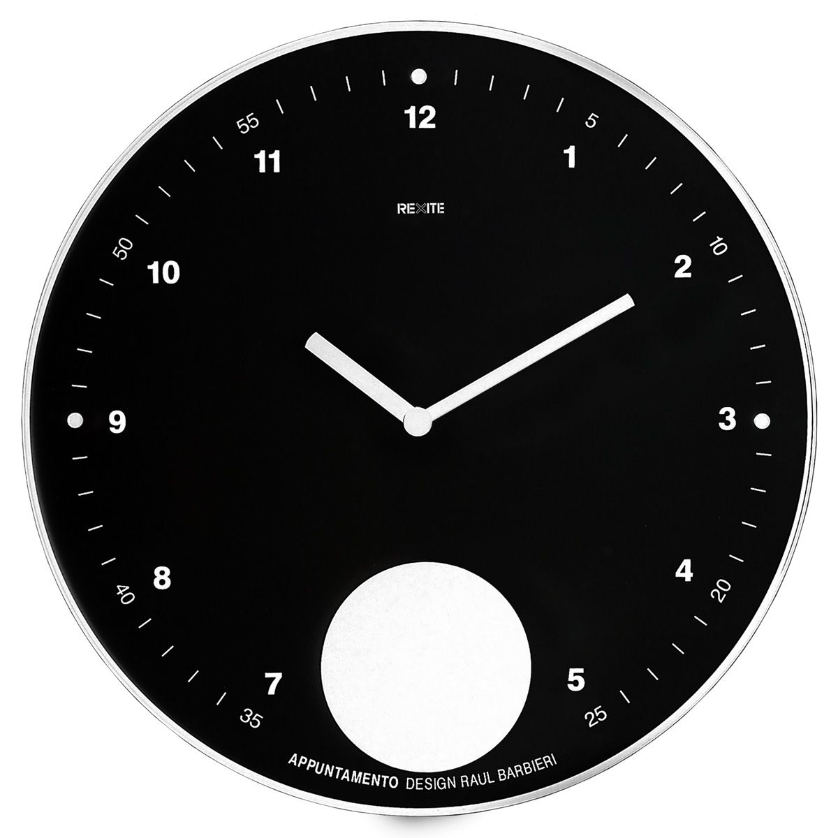 Schwarze Rexite Appuntamento Wanduhr mit weißem Ziffernblatt und Zeigern, modernes Design für Wohnzimmer und Büro.